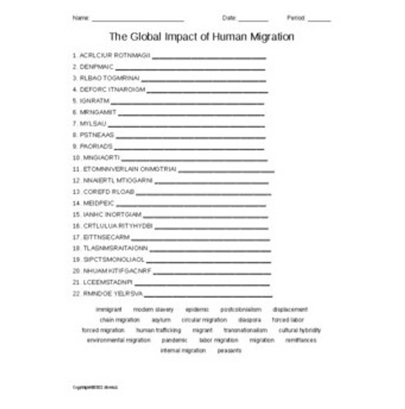 The Global Impact of Human Migration Vocabulary Word Scramble