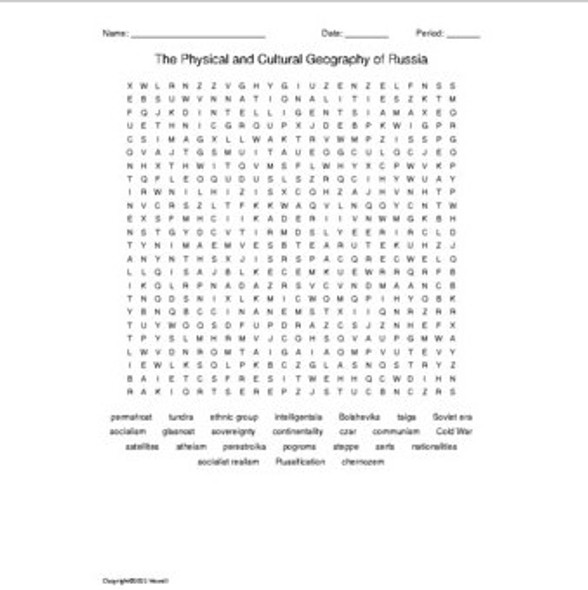 The Physical and Cultural Geography of Russia Word Search