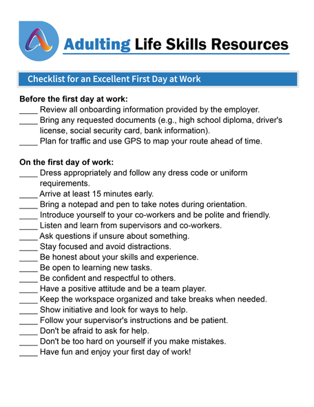 Job Resource - Free Checklist for the First Day of Work