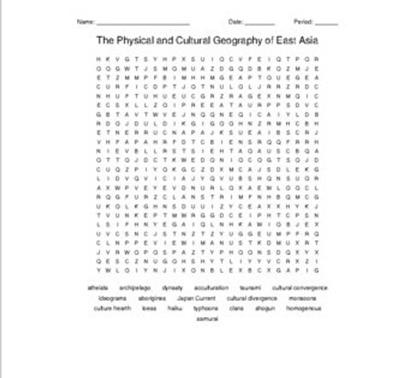 The Physical and Cultural Geography of East Asia Vocabulary Word Search