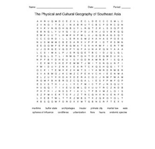 The Physical and Cultural Geography of Southeast Asia Vocabulary Word Search