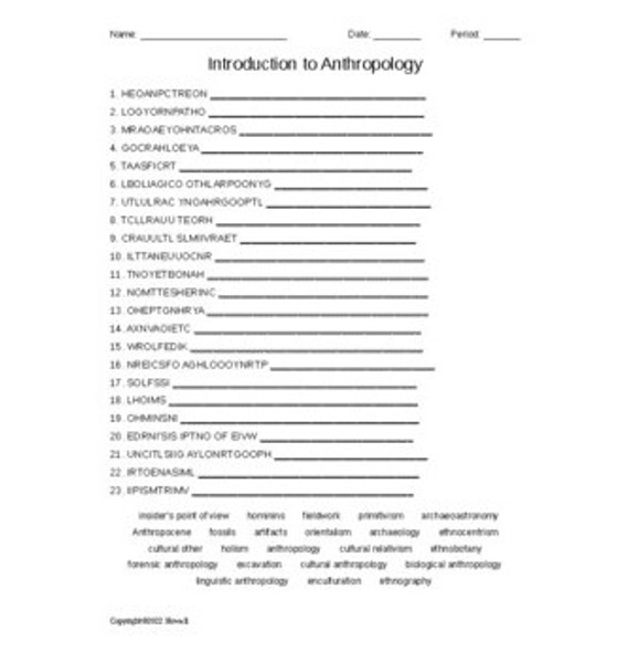 Introduction to Anthropology Vocabulary Word Scramble