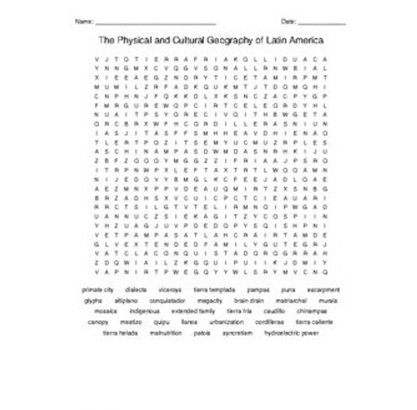 The Physical and Cultural Geography of Latin America Word Search