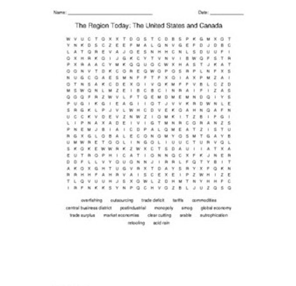 The United States and Canadian Region Today Word Search for World Geography