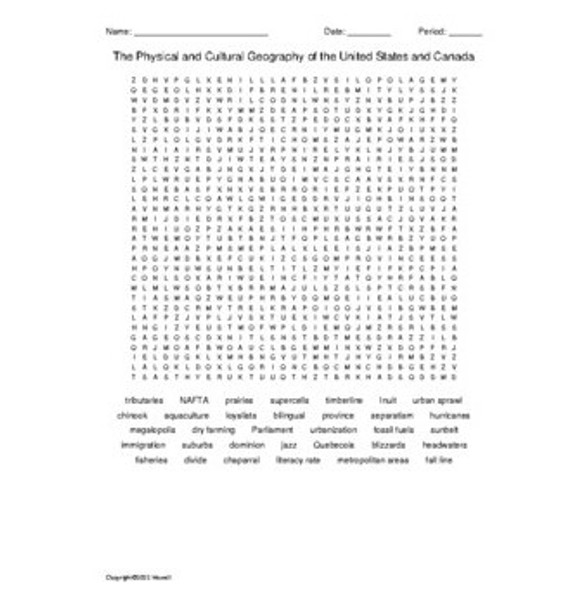 The Physical and Cultural Geography of the United States and Canada Word Search