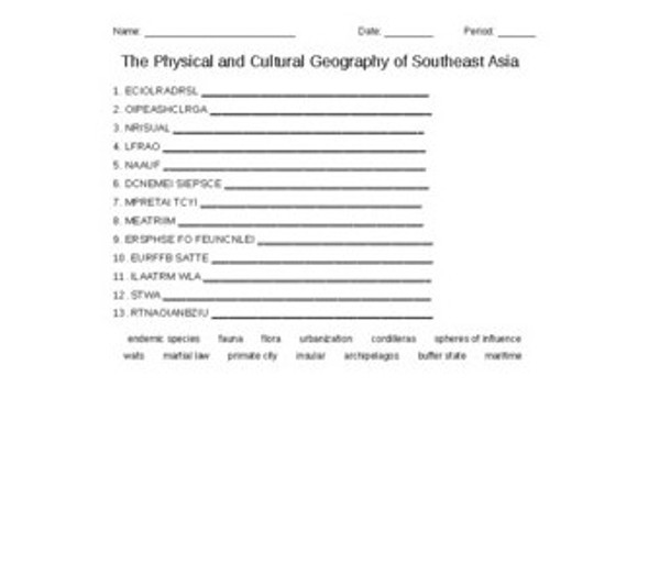 The Physical and Cultural Geography of Southeast Asia Vocabulary Word Scramble