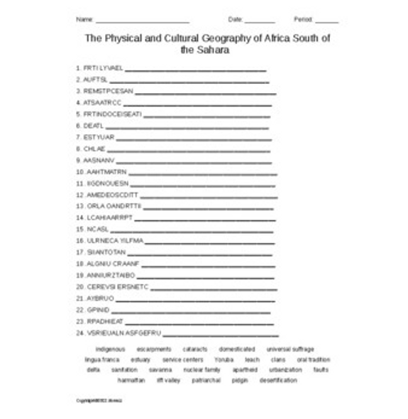 The Physical and Cultural Geography of Africa South of the Sahara Word Scramble