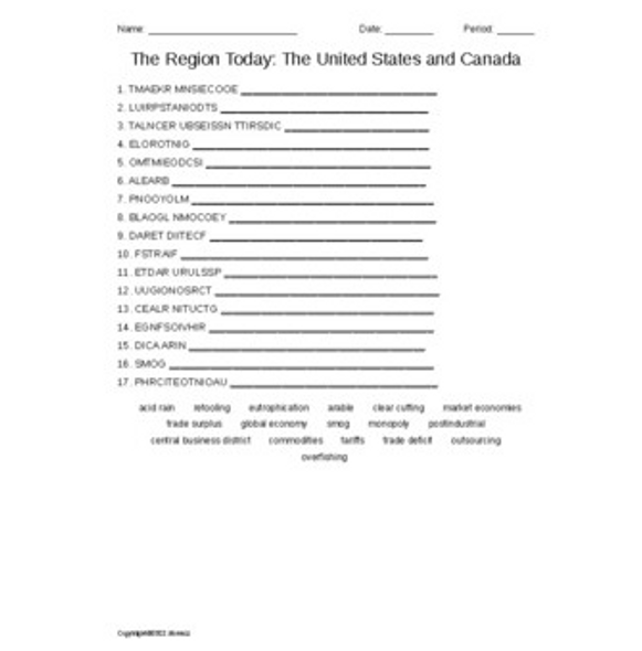The United States and Canadian Regions Today Vocabulary Word Scramble