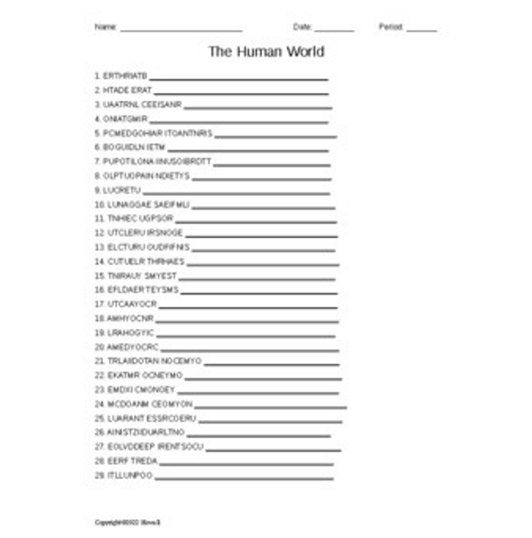 The Human World Vocabulary Word Scramble for a World Geography Course