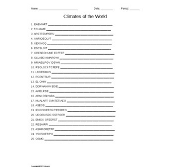 The Climates of the World Vocabulary Word Scramble for a World Geography Course