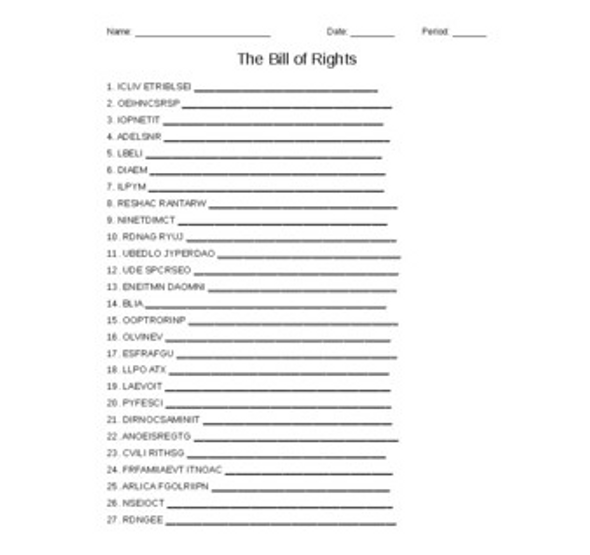 The Bill of Rights Vocabulary Word Scramble for a Civics Course