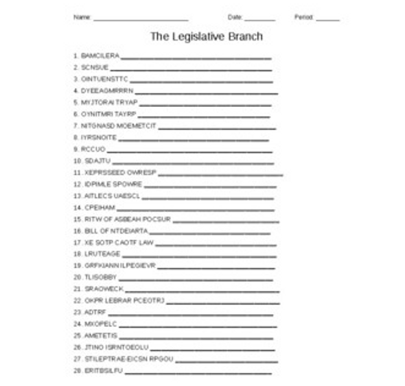 The Legislative Branch Vocabulary Word Scramble for a Civics Course