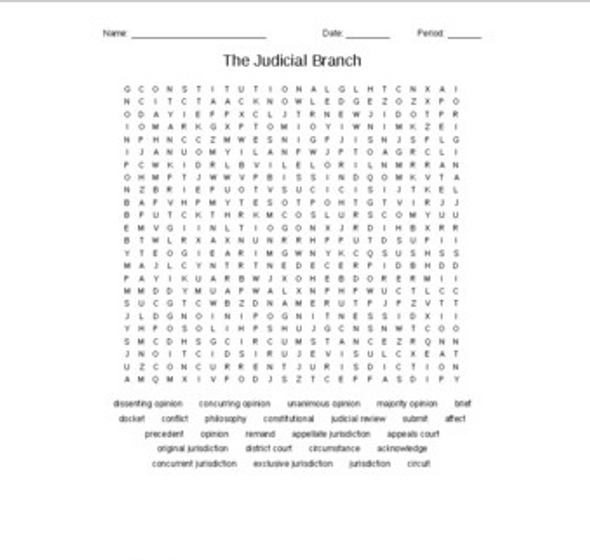 The Judicial Branch Vocabulary Word Search for a Civics Course