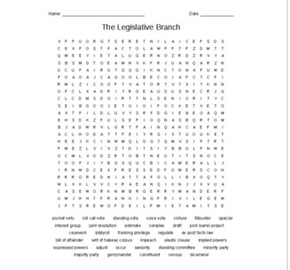 The Legislative Branch Vocabulary Word Search for a Civics Course