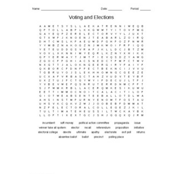 Voting and Elections Vocabulary Word Search for a Civics Course