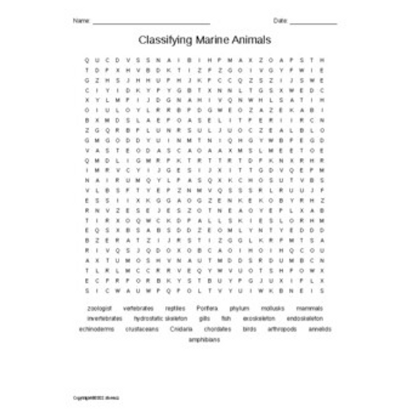Classifying Marine Animals Word Search for Aquatic or Marine Science