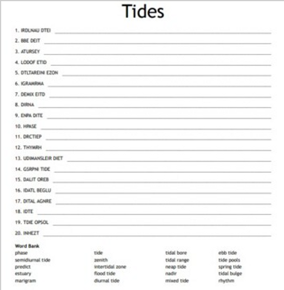 The Tides Word Scramble for Aquatic or Marine Science