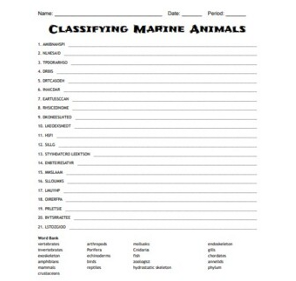 Classifying Marine Animals Vocab. Word Scramble for Aquatic or Marine Science