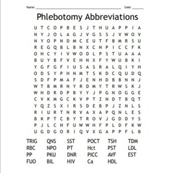 Phlebotomy Abbreviations Word Search 2