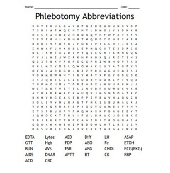 Phlebotomy Abbreviations Word Search 1