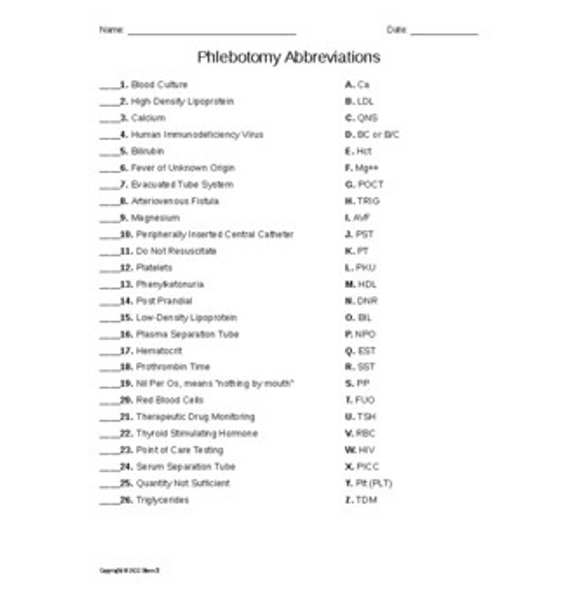 Phlebotomy Abbreviations Matching Quiz or Worksheet Set 2