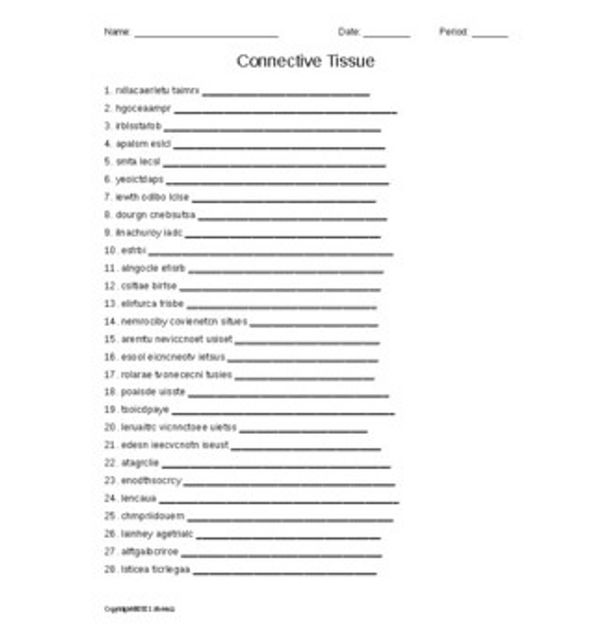 Connective Tissue Vocabulary Word Scramble for Anatomy or Physiology