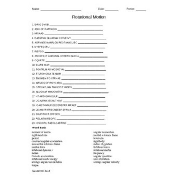 Rotational Motion Vocabulary Word Scramble for Physics