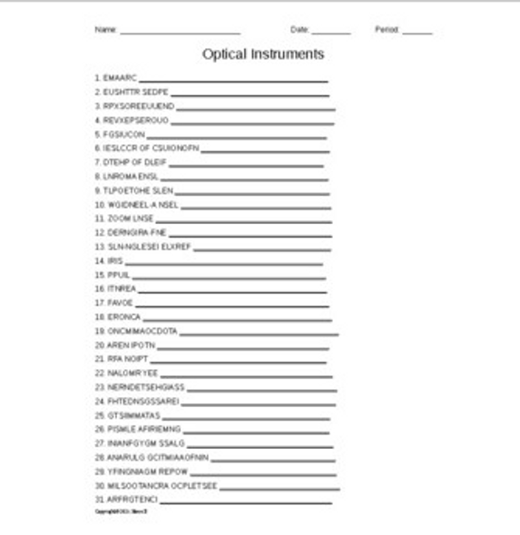 Optical Instruments Word Scramble for Physics