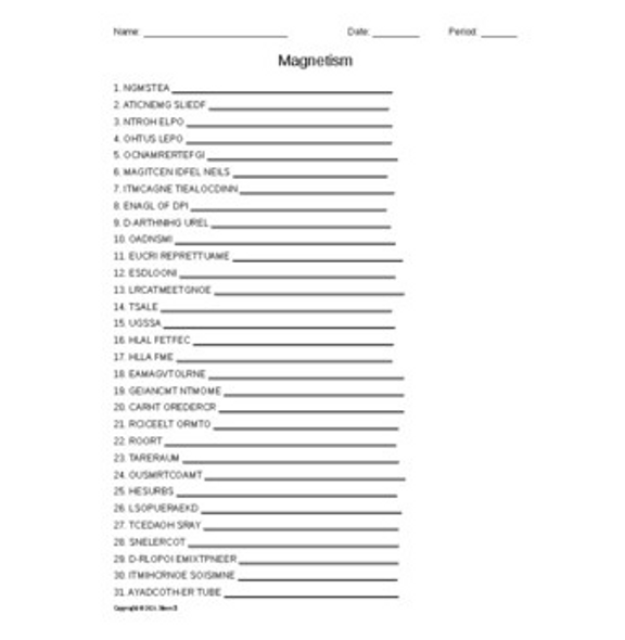 Magnetism Word Scramble for Physics