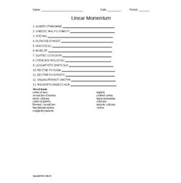 Linear Momentum Vocabulary Word Scramble for Physics