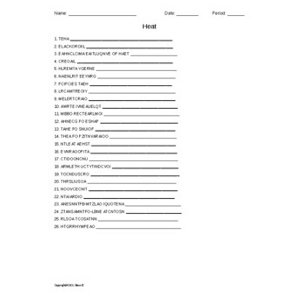 Heat Vocabulary Word Scramble for Physics