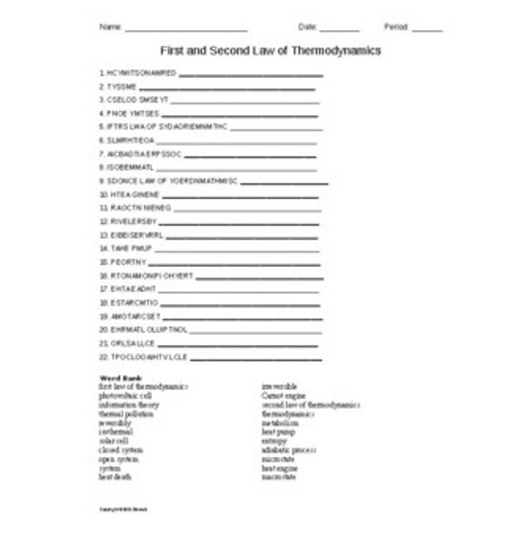 First and Second Law of Thermodynamics Word Scramble for Physics