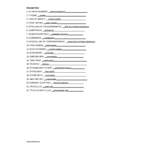 First and Second Law of Thermodynamics Word Scramble for Physics