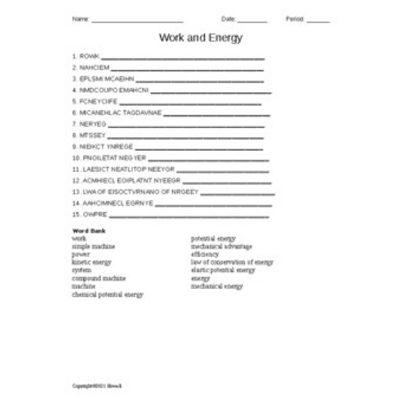 "Work and Energy" Word Scramble for Physical Science