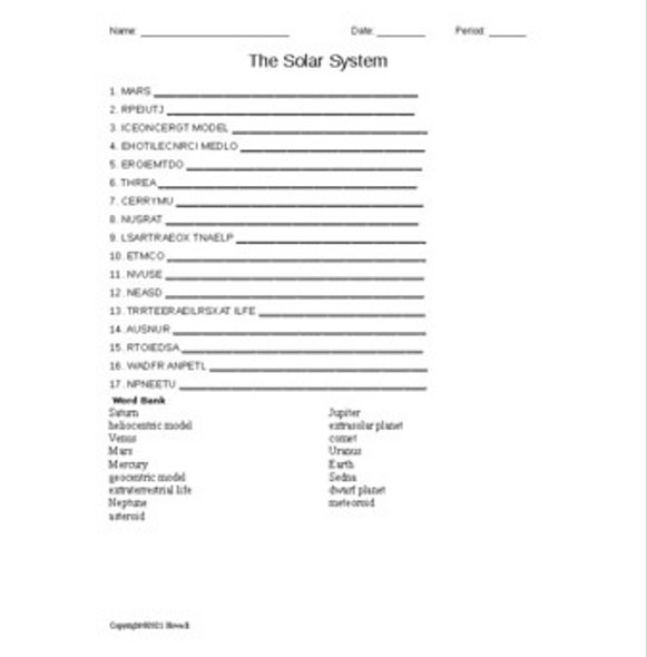 "The Solar System" Word Scramble for Physical Science