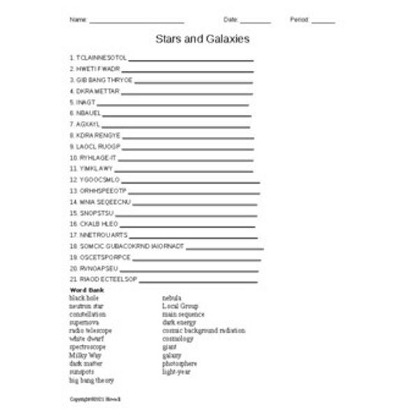 "Stars and Galaxies" Word Scramble for Physical Science