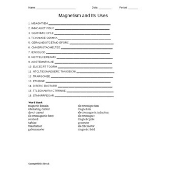 "Magnetism" Word Scramble for Physical Science