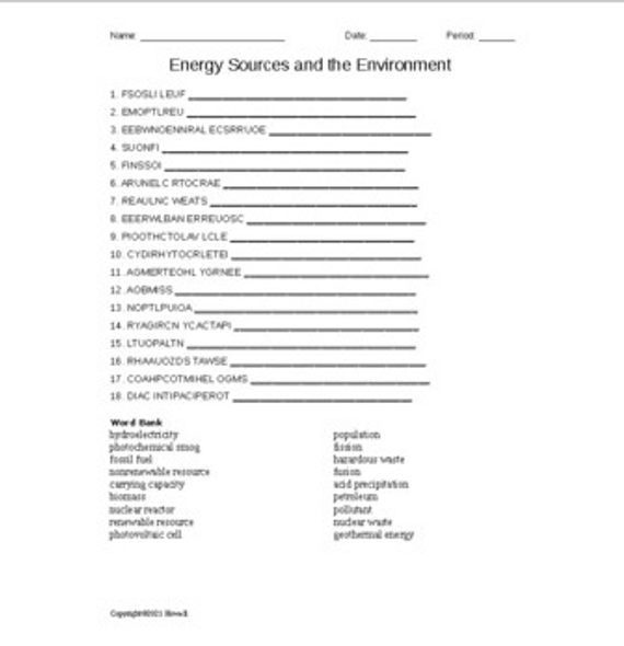 Energy Sources Word Scramble for Physical Science