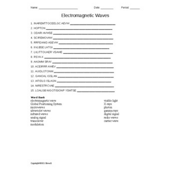 Electromagnetic Waves Word Scramble for Physical Science