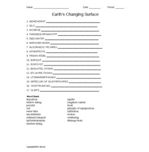 Earth's Changing Surfaces Word Scramble for Physical Science