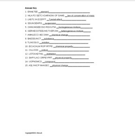 Classification of Matter Word Scramble for Physical Science