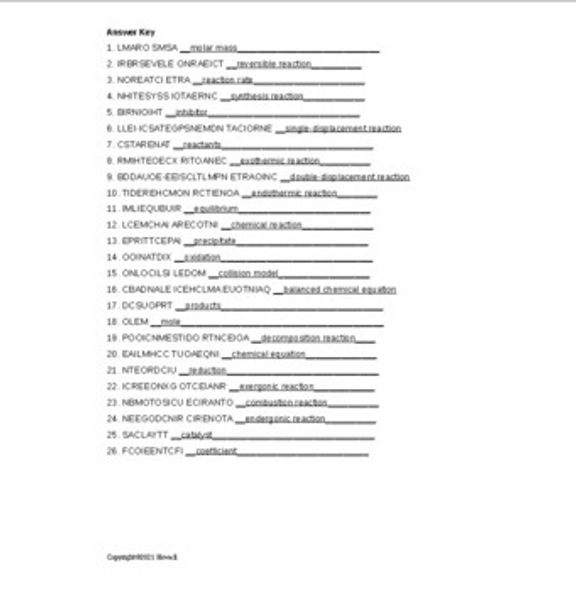 Chemical Reactions Word Scramble for Physical Science