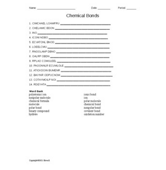 Chemical Bonds Word Scramble for Physical Science