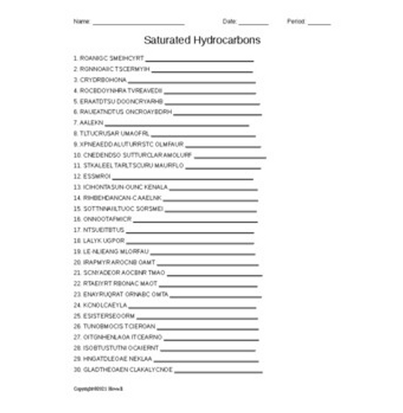 Saturated Hydrocarbons Word Scramble for Organic Chemistry