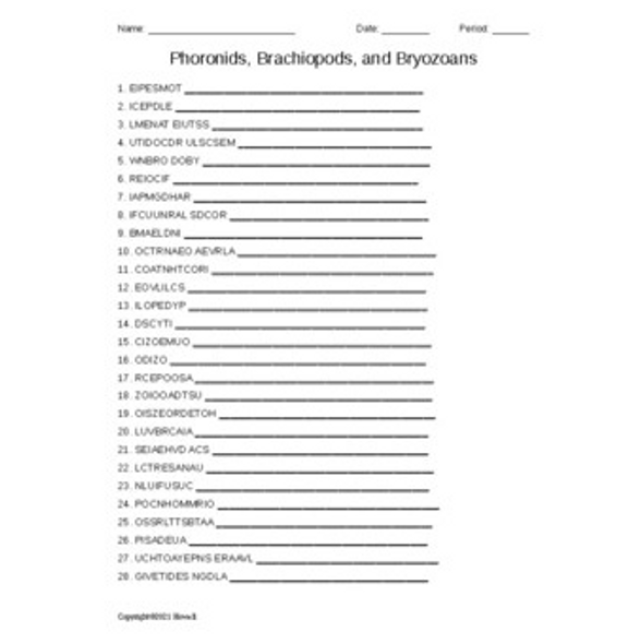 Phoronids, Brachiopods, and Bryozoans Word Scramble for Invertebrate Biology