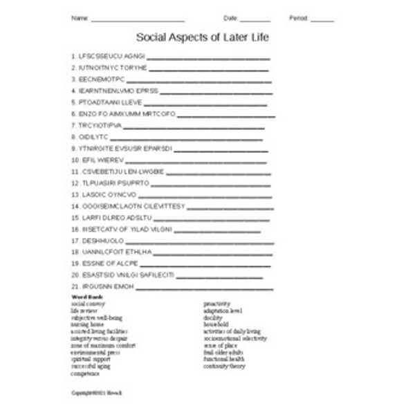 Social Aspects of Later Life Word Scramble for Human Development