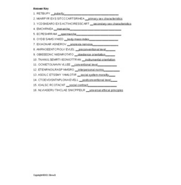 Physical and Cognitive Dev. in Adolescence Word Scramble for Human Development