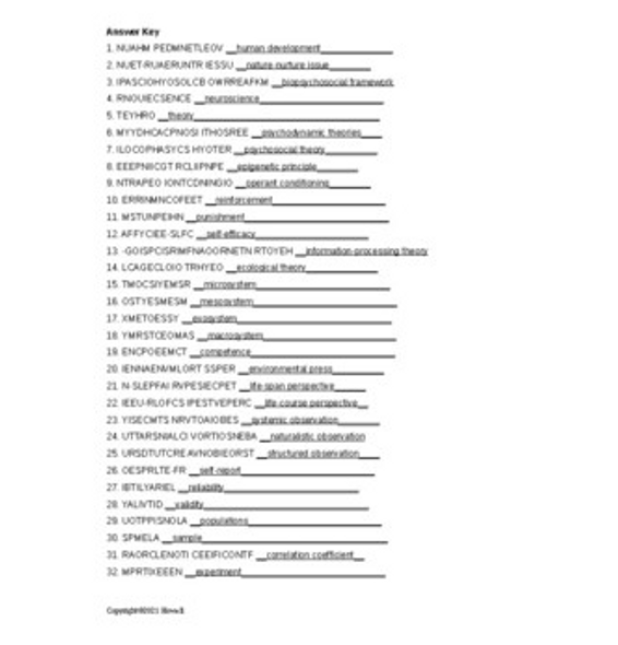 Introduction to Human Development Word Scramble for Human Development