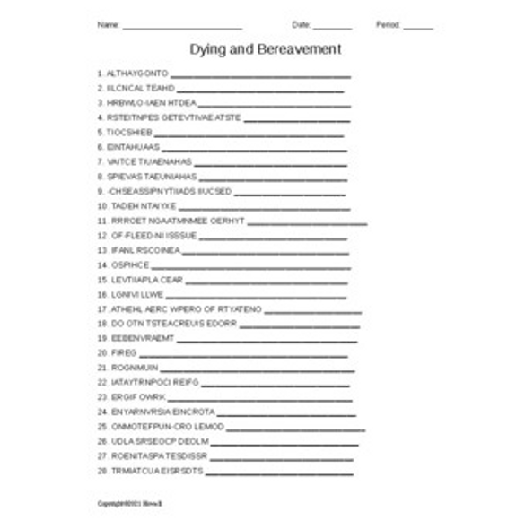 Dying and Bereavement Word Scramble for Human Development