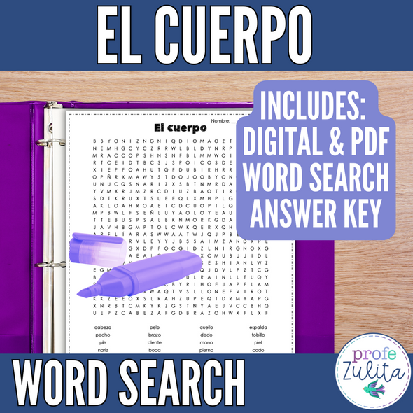 Spanish Body Parts Vocab Word Search - el cuerpo búsqueda de palabras activity